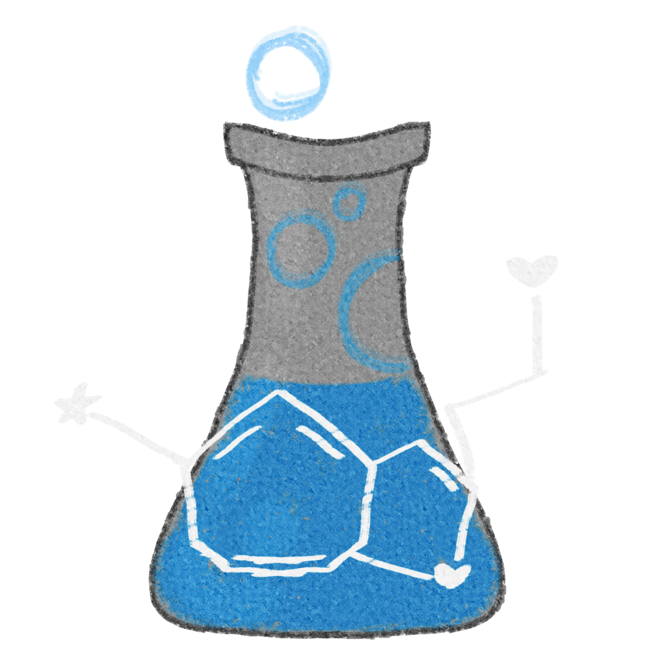 an erlenmeyer flask with a blue liquid and blue bubbles inside, on the outside is a white chemical formation of serotonin